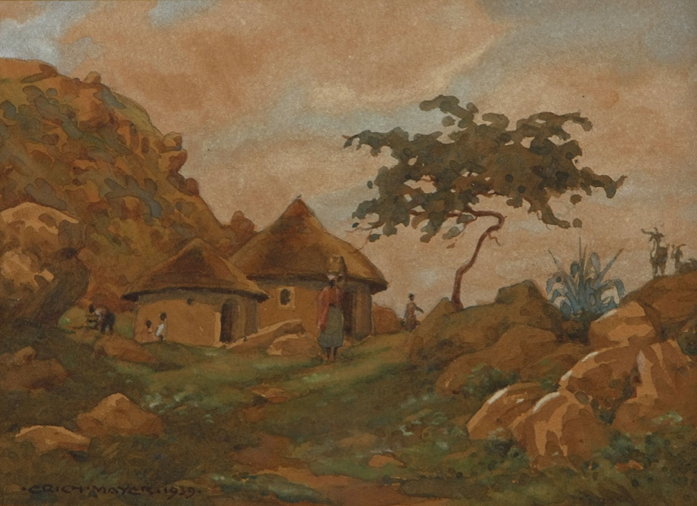 Erich (Ernst Karl) Mayer HUTS IN A ROCKY LANDSCAPE signed and dated 1939 watercolour and gouache