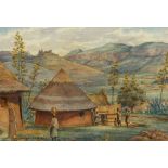 Erich (Ernst Karl) Mayer WOMEN AND CHILDREN IN A VILLAGE AT THE EDGE OF THE MOUNTAINS signed and
