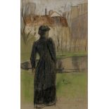 Kenneth Frazier WOMAN STANDING BY A POND bears the artist's stamp charcoal and pastel on paper 1