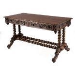 A Victorian carved oak writing table the rectangular top with carved edge above two frieze