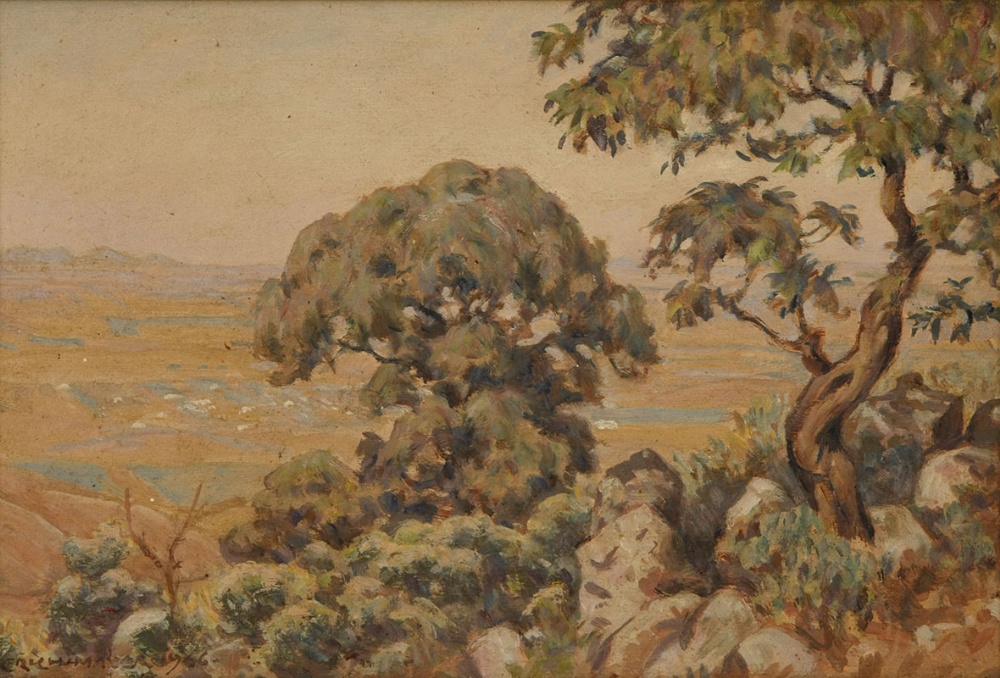 Erich (Ernst Karl) Mayer TREES OVERLOOKING A VAST LANDSCAPE signed and dated 1946 oil on paper