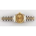 A LADY'S TWO-TONE WRISTWATCH, ROLEX OYSTER PERPETUAL DATE automatic, the circular gilt dial with
