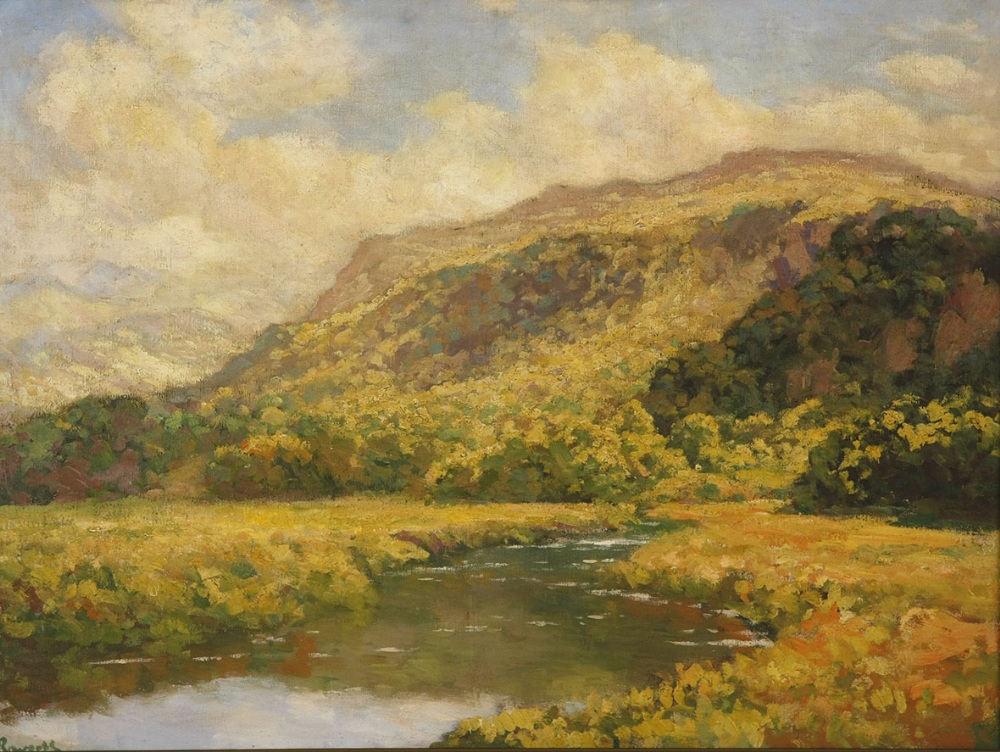 Edward Roworth RIVER IN A MOUNTAINOUS LANDSCAPE signed oil on canvas 1 75 by 100,5cm minor surface