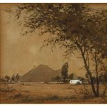 Erich (Ernst Karl) Mayer TREE IN THE FOREGROUND OF A LANDSCAPE WITH A COTTAGE AND DISTANT