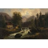 Attributed to Gustave Dore LANDSCAPE WITH MOUNTAIN STREAM AND COTTAGE signed oil on canvas 1 66 by