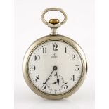 AN OPEN-FACED POCKET WATCH, OMEGA the white dial with black Arabic numerals and outer calibrated