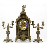 A BRASS CONTINENTAL MANTLE CLOCK, BOZZO ANGERS the 13.5cm dial, with blue and white ceramic Roman