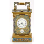 A FRENCH REPEATER CHAMPLEVÉ ENAMEL CARRIAGE CLOCK the gilt brass Anglaise case fired with nine