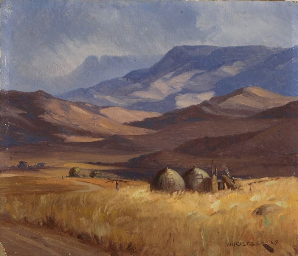Willem Hermanus Coetzer HUTS IN A VALLEY signed and dated 49 oil on board 1 35 by 35,5cm no cond!