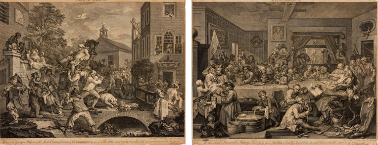 After William Hogarth FROM THE ELECTION SERIES: THE POLLING and CHAIRING THE MEMBERS, two in the lot