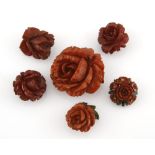 Six Bakelite brooches, 1930s each of rose-carved design, in sizes 0 6