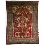 A Tabriz Silk pictorial Prayer Rug,19th Century the peach "mehrab" with a pictorial scene of