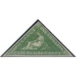 1/- Bright Yellow-Green Perkins Bacon Triangle, 1855/63. Fine large part original gum, all 3 margins