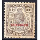 King George V 100R Overprint SPECIMEN, 1912/25. Ungummed, with some soiling on stamp. SG 321s.