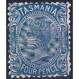 QV Tasmania 4c Blue, 1870/71. Mounted mint, perf 12 watermark single lined numeral. Crease down side