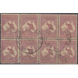 2/- Brown Kangaroo in Block of 8, 1913/14. Fine used with light circular 'AIR FORCE PO No 20'