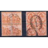QV and King Edward VII 5/- in Blocks of 4, 1884/1902. Fine used QV with 2 x neat circular G.P.O.