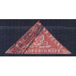 1d Vermilion Woodblock, 1861. Used with 2 tight margins and 1 touching just into stamp. SG13.