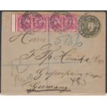 Marginal Strip of 4 QV 1d Rose-Red New design on Postal Stationary Cover to Germany, 1899.