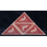 1d Deep Carmine-Red Triangle of 4  De La Rue Printing, 1863/64. Fine mounted mint pair. SG18.