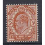 King Edward VII 5/- , 1902/04. Fine unmounted mint single. SACC73. Catalogued R5200