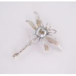 A PEARL AND DIAMOND BROOCH in the form of a dragonfly, the thorax mounted with a baroque grey pearl,