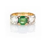 A TSAVORITE AND DIAMOND RING centred with a cushion-cut tsavorite weighing approximately 1.27cts,