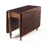 A VICTORIAN MAHOGANY SUTHERLAND TABLE the hinged rectangular top above a plain frieze, on ring-