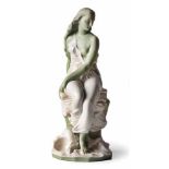 A MINTON PART GLAZED AND GREEN TINTED PARIAN FIGURE 'MIRANDA, LATE 19TH CENTURY after the original