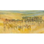 Gordon Frank Vorster, LANDSCAPE OF WILDEBEES AND BUCK, signed, oil on board, 82,5 by 156cm