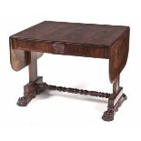 A WILLIAM IV FLAME MAHOGANY SOFA TABLE the rectangular cross-banded top with hinged drop sides above