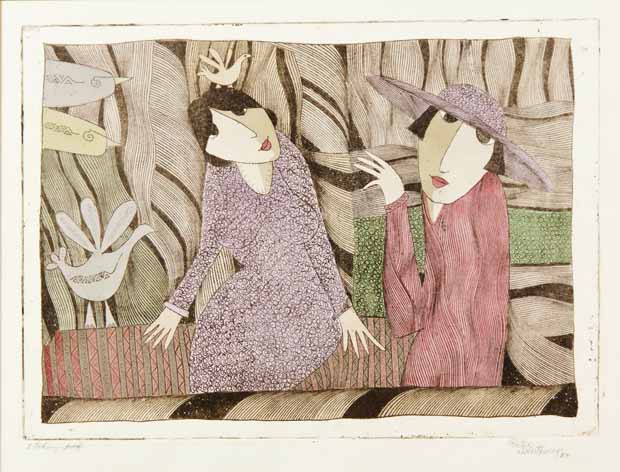 Pieter van der Westhuizen, TWO LADIES, hand-coloured etching, signed, dated '87 and inscribed '