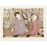 Pieter van der Westhuizen, TWO LADIES, hand-coloured etching, signed, dated '87 and inscribed '