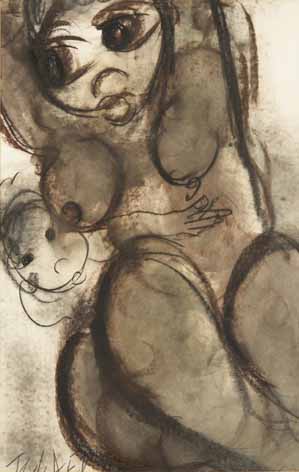 Frans Martin Claerhout, MOTHER AND CHILD, signed, mixed media on paper, 58 by 37cm
