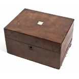 A VICTORIAN WALNUT SEWING BOX the hinged rectangular lid centred by a mother-of-pearl motif,