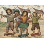 Amos Langdown, CHILDREN PLAYING OUTDOORS, signed, oil on board, 45 by 60cm