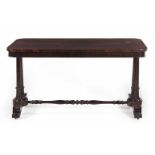 A VICTORIAN ROSEWOOD LIBRARY TABLE the rounded rectangular top above a plain frieze, on tapering
