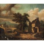 Numa Desjardins, RIVER THROUGH A VILLAGE, signed, dated 1865 and indistinctly inscribed with the