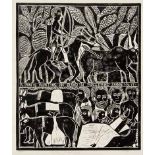 John Ndevasia Muafangejo, A MAN IS HUNTING AN ELAND IN FOREST AND SKINNING IT, linocut, signed,