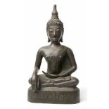 A THAI PATINATED BRONZE FIGURE OF SEATED BUDDHA seated in dhyanasana, his hands lowered in