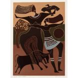 Lucky Madlo Sibiya, DANCERS, woodcut printed in colours, signed, numbered VII/X and inscribed '