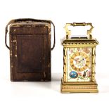 A FRENCH BRASS AND ENAMELLED REPEATER CARRIAGE CLOCK, WITH ORIGINAL LEATHER CARRYING CASE, CIRCA