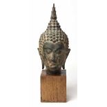 A THAI PATINATED BRONZE BUDDHA HEAD the serene face with downcast expression, attenuated eyes and