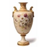A ROYAL WORCESTER TWO-HANDLED PEDESTAL BLUSH IVORY VASE, 1891 the ovoid body painted on either