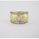 A DIAMOND RING designed as a domed, tapered yellow-gold band centred with a collet-set brilliant-cut