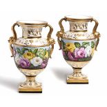 A PAIR OF FRENCH TWO-HANDLED VASES, LATE 19TH CENTURY each tapering ovoid body painted with a band