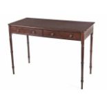 A GEORGE III MAHOGANY SIDE TABLE the rectangular top above a pair of frieze drawers, on ring-
