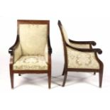 A PAIR OF EDWARDIAN MAHOGANY INLAID AND UPHOLSTERED ARMCHAIRS the padded back and sides above a