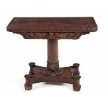 A WILLIAM IV MAHOGANY CARD TABLE the rectangular rounded hinged top enclosing a baize-lined