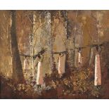 Gordon Frank Vorster, AFRICAN FIGURES WALKING AMOUNGST TREES, signed, oil on board, 70 by 85cm